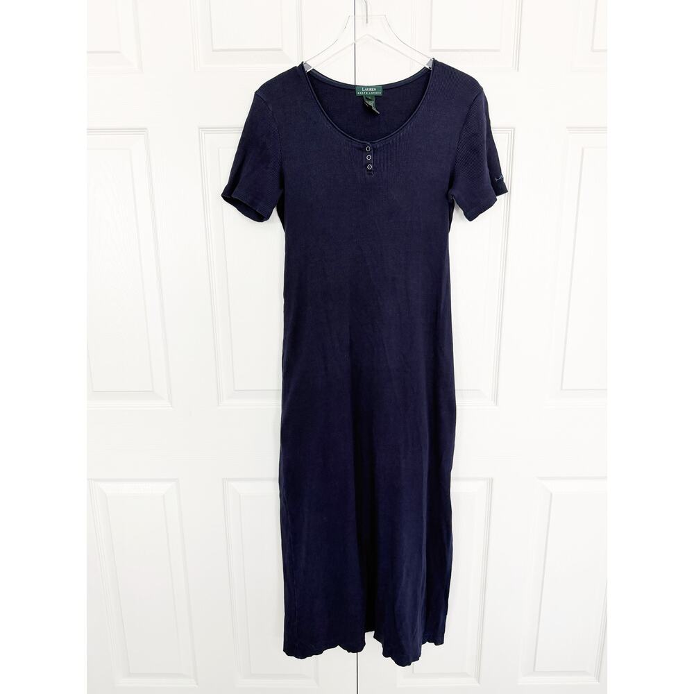 Lauren Ralph Lauren Navy Ribbed Henley Maxi Dress Minimalist Casual Chic
